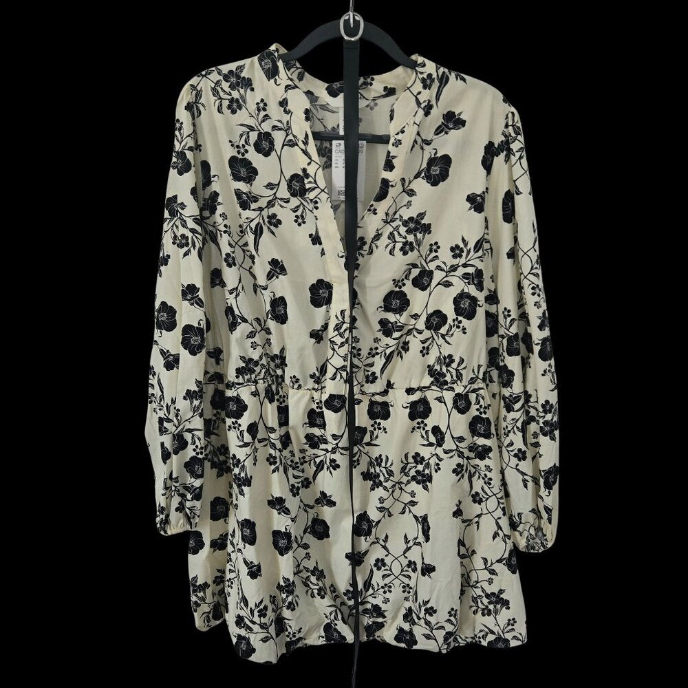 H&M Cream & Black Floral Belted Bubble-Hem Dress, XXL, New with Tags